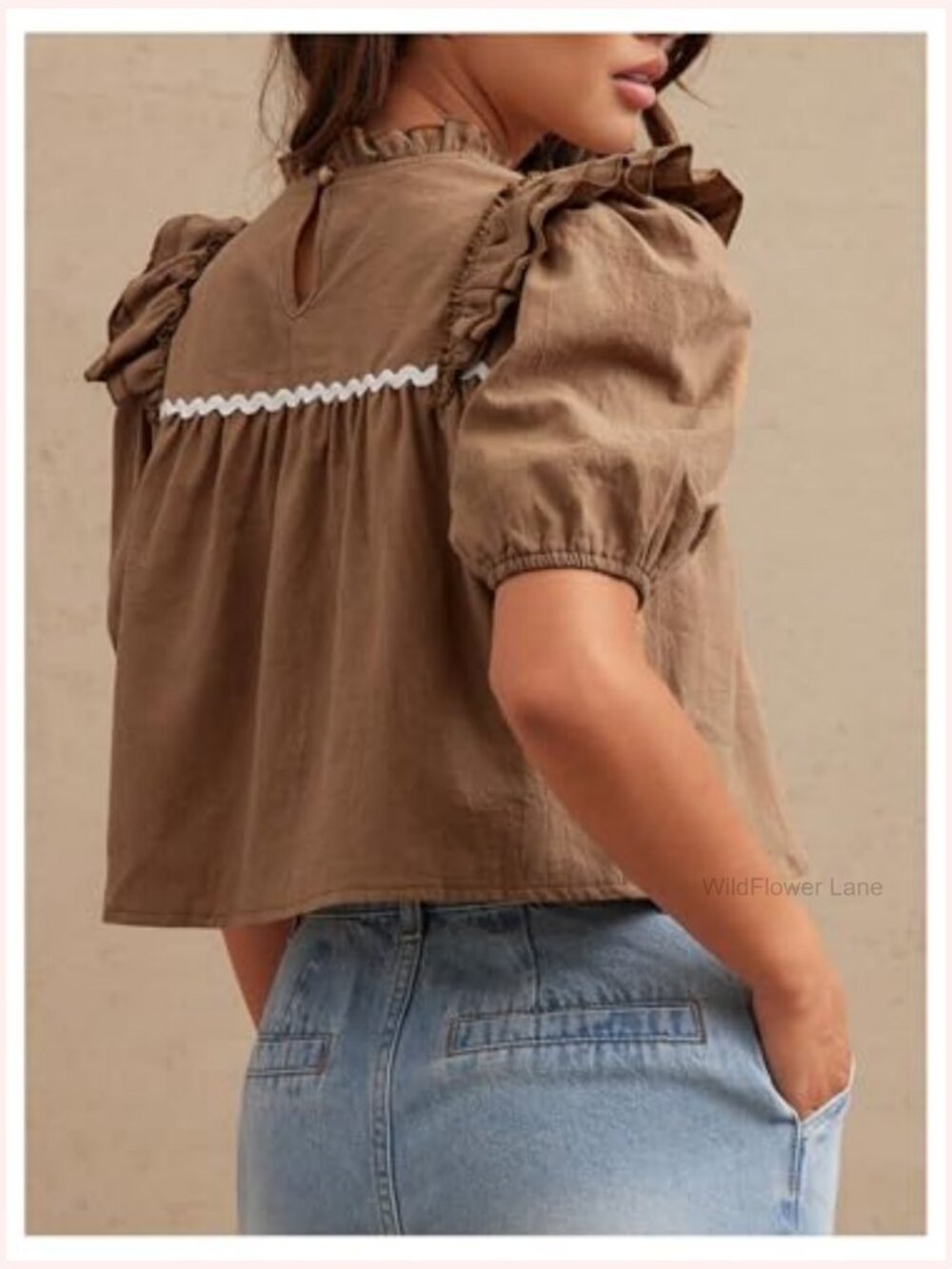 Puff Sleeve Crop Top Babydoll Mock Neck Ruffle Blouse Dressy Casual - Picture 2 of 5